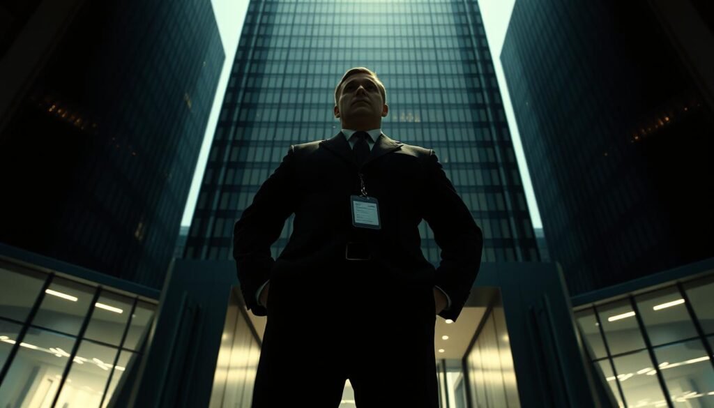 A vast, shadowy corporate headquarters looms in the background, its towering glass facade reflecting the city skyline. In the foreground, a security guard stands at the entrance, their uniform crisp and authoritative. A keycard dangles from their belt, symbolizing the privileged access they hold. The lighting is harsh, casting dramatic shadows that convey a sense of power and control. The scene evokes a feeling of exclusivity, where only the select few are granted entry to the inner sanctum of the organization. The angle is slightly low, emphasizing the guard's dominance and the imposing nature of the building.