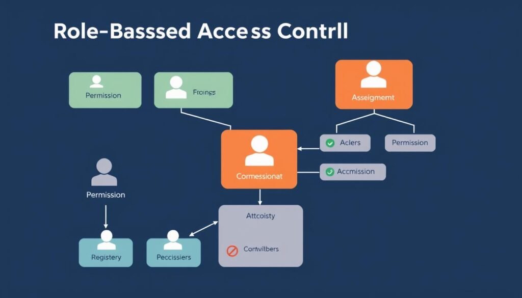 Generate an image representing Role-Based Access Control in action, with users, roles, and permissions clearly illustrated.