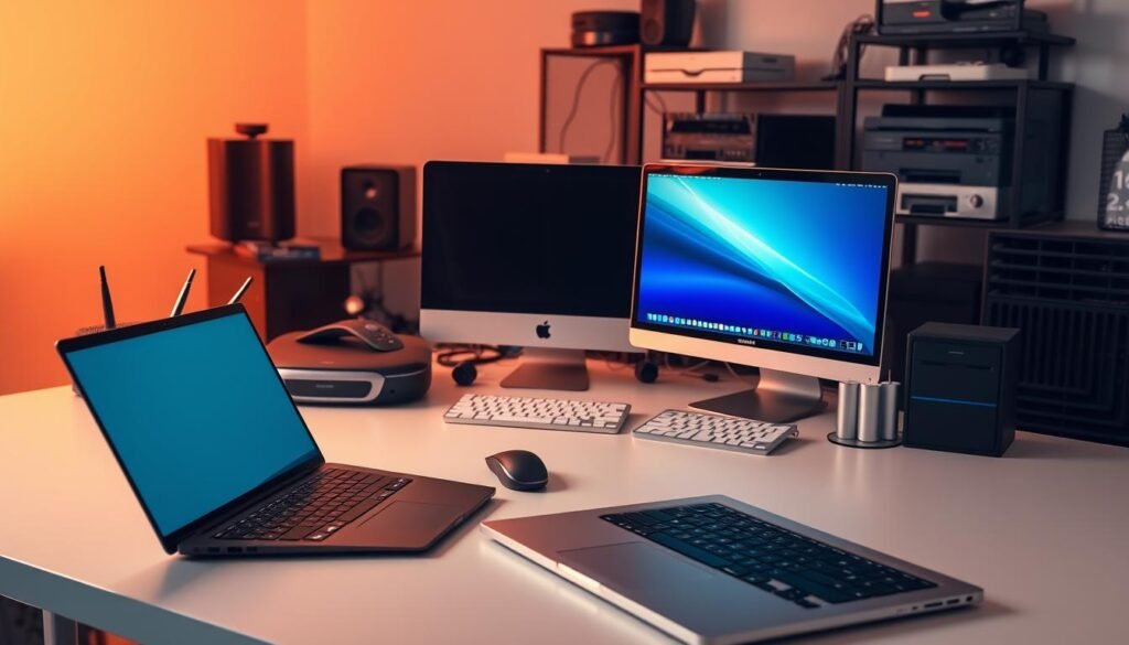 A modern office desktop filled with a diverse array of devices. In the foreground, a sleek laptop and a high-resolution monitor sit atop a minimalist desk, bathed in warm, directional lighting. In the middle ground, a compact desktop computer, a wireless mouse, and a professional-grade keyboard occupy the workspace. In the background, a collection of electronics and peripherals, including a router, a multi-function printer, and a smartphone, create a technologically-advanced, yet organized environment. The overall atmosphere is one of productivity, efficiency, and a focus on the essential tools needed for a thriving small business or enterprise. The image conveys a sense of professionalism, expertise, and the importance of maintaining up-to-date technology to mitigate security risks.