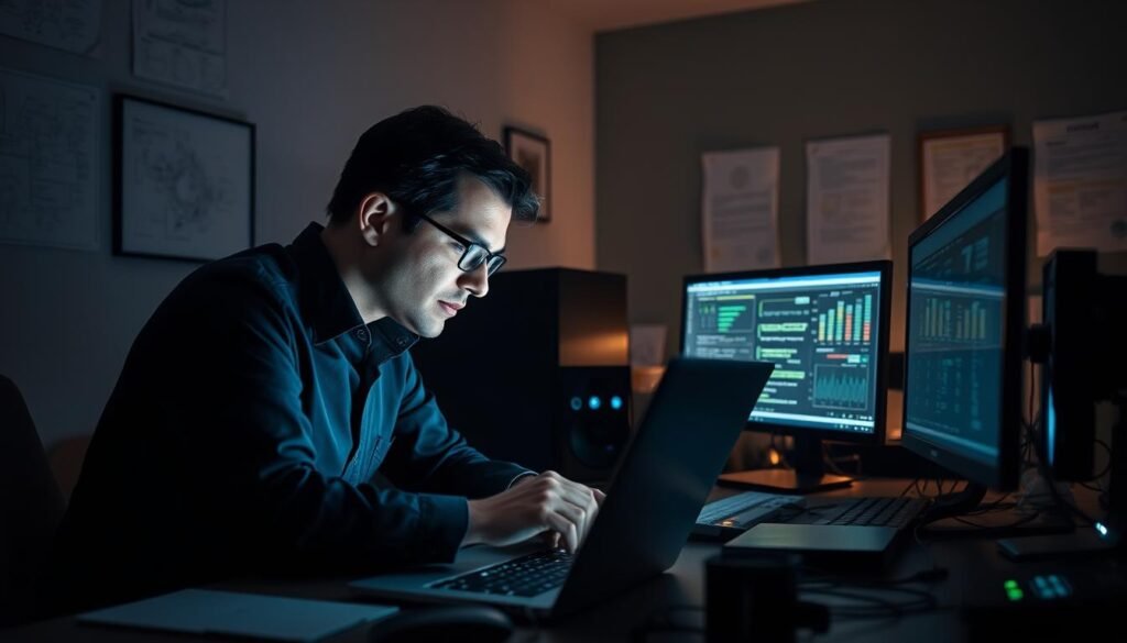 A cybersecurity audit unfolds in a dimly lit office, its walls adorned with technical diagrams and security protocol manuals. In the foreground, an auditor intently examines a laptop screen, their focused expression illuminated by the soft glow of the display. The middle ground features a carefully arranged array of tools and devices, each meticulously chosen to scrutinize the network's vulnerabilities. The background subtly suggests the gravity of the task, with a sense of urgency conveyed through the muted color palette and the subtle hum of computer fans. The overall atmosphere is one of meticulous attention to detail, as the auditor works to uncover potential threats and fortify the company's cybersecurity defenses.