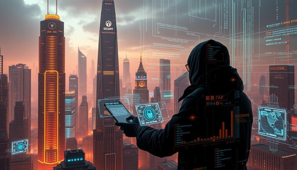 A futuristic cityscape with towering skyscrapers cloaked in a cyberpunk atmosphere. In the foreground, a skilled cybersecurity expert navigates a complex web of digital threats, their hands skillfully manipulating holographic interfaces. Cascading lines of code and intricate data visualizations fill the mid-ground, while in the background, AI-powered security systems vigilantly monitor the urban landscape. Warm, neon-tinged lighting casts an ominous glow, highlighting the critical role of cybersecurity in shaping the future of the digital world. Convey a sense of both the power and the challenge of safeguarding technology in an ever-evolving, interconnected landscape.