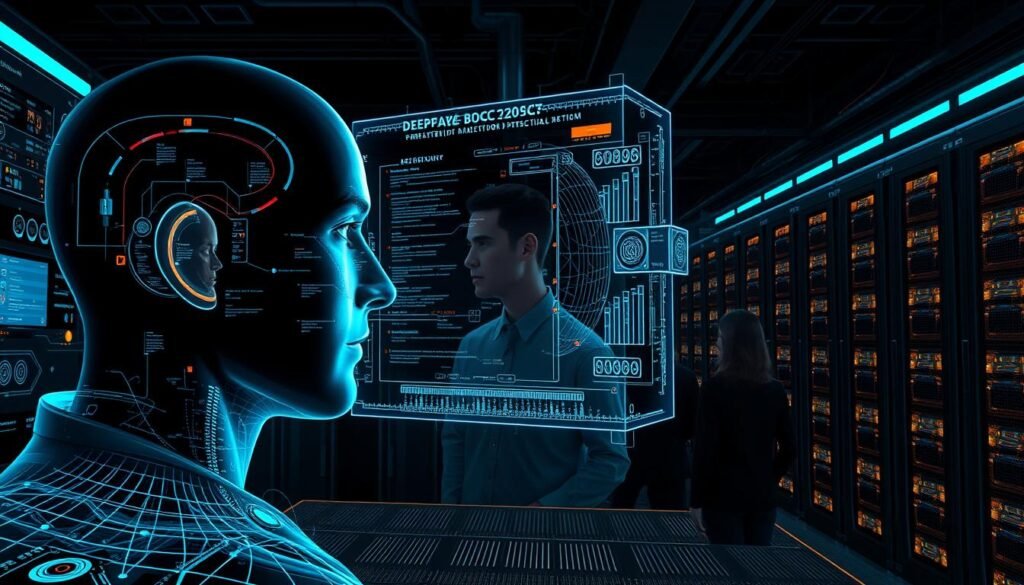 Detailed technical illustration of a deepfake detection system in a futuristic cyberpunk setting. In the foreground, a high-resolution facial scan is analyzed by an advanced AI algorithm, with fluctuating data streams and biometric indicators displayed on a sleek holographic interface. In the middle ground, a team of cybersecurity experts scrutinize the results, their faces half-obscured by the glow of multiple monitors. In the background, a dimly lit server room pulses with the energy of powerful quantum computers, cables snaking through the shadows. Dramatic chiaroscuro lighting casts dramatic shadows, creating a palpable atmosphere of technological sophistication and high-stakes digital security.